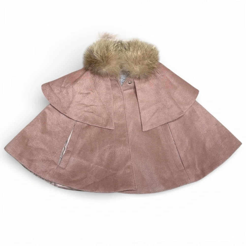 NEW Mi Loves Cappuccino Signature Luxurious Cashmere Cape with Racoon Fur Trim